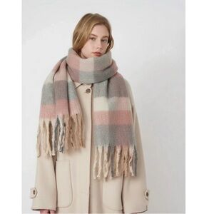Plaid Scarf Heavy Thick Pastel Pink Beige Gray 70” X 40” Fringe